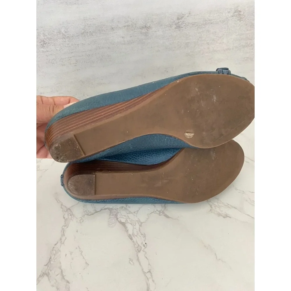 Tory Burch Navy Blue Leather Leticia Wedge Pumps Sz 6M Blue Logo Office Work